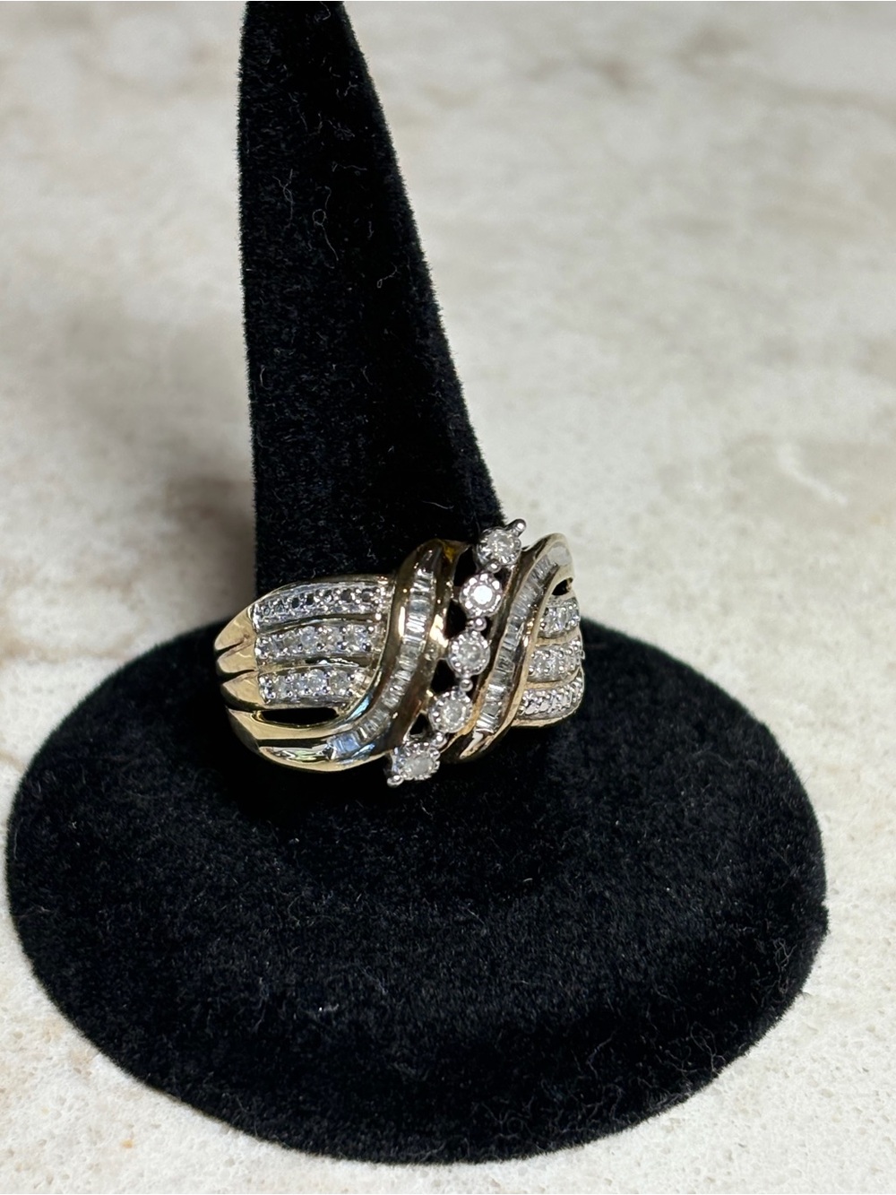 Two-Tone Diamond Cluster Statement Ring - White/Yellow Gold. Size 7 item H3